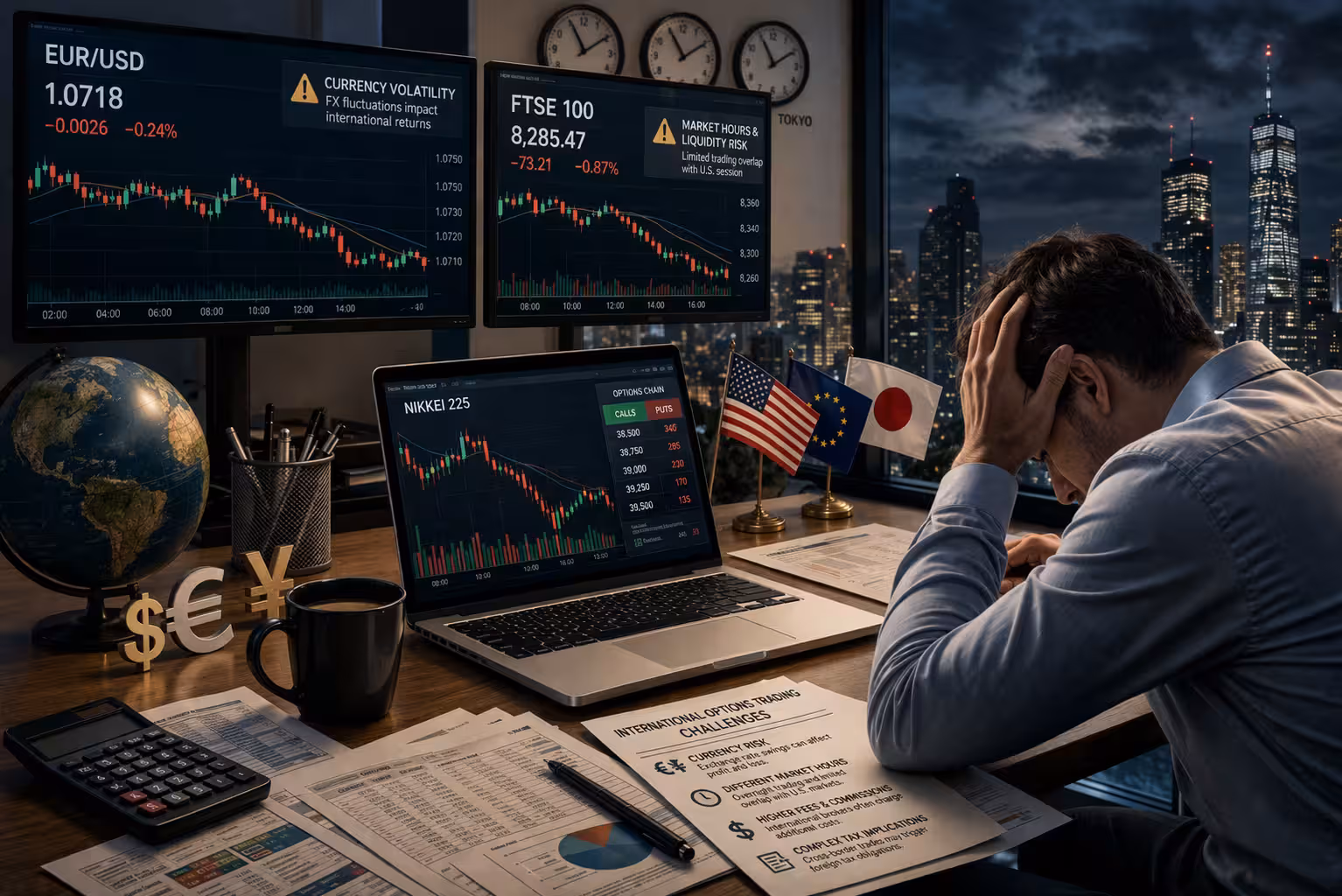 Stressed trader reviewing international options markets with EUR/USD, FTSE 100, and Nikkei 225 declines, illustrating currency risk, time zone challenges, and global volatility.