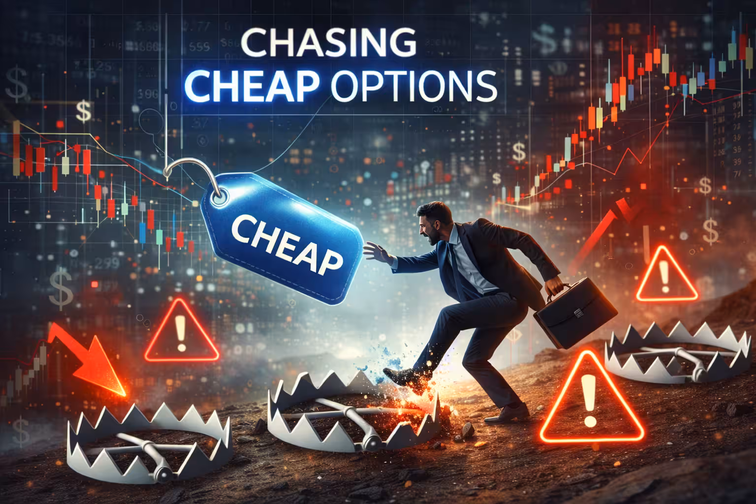 Trader chasing a cheap options price tag while stepping into a trap, illustrating the risks of buying cheap options with low probability of profit.