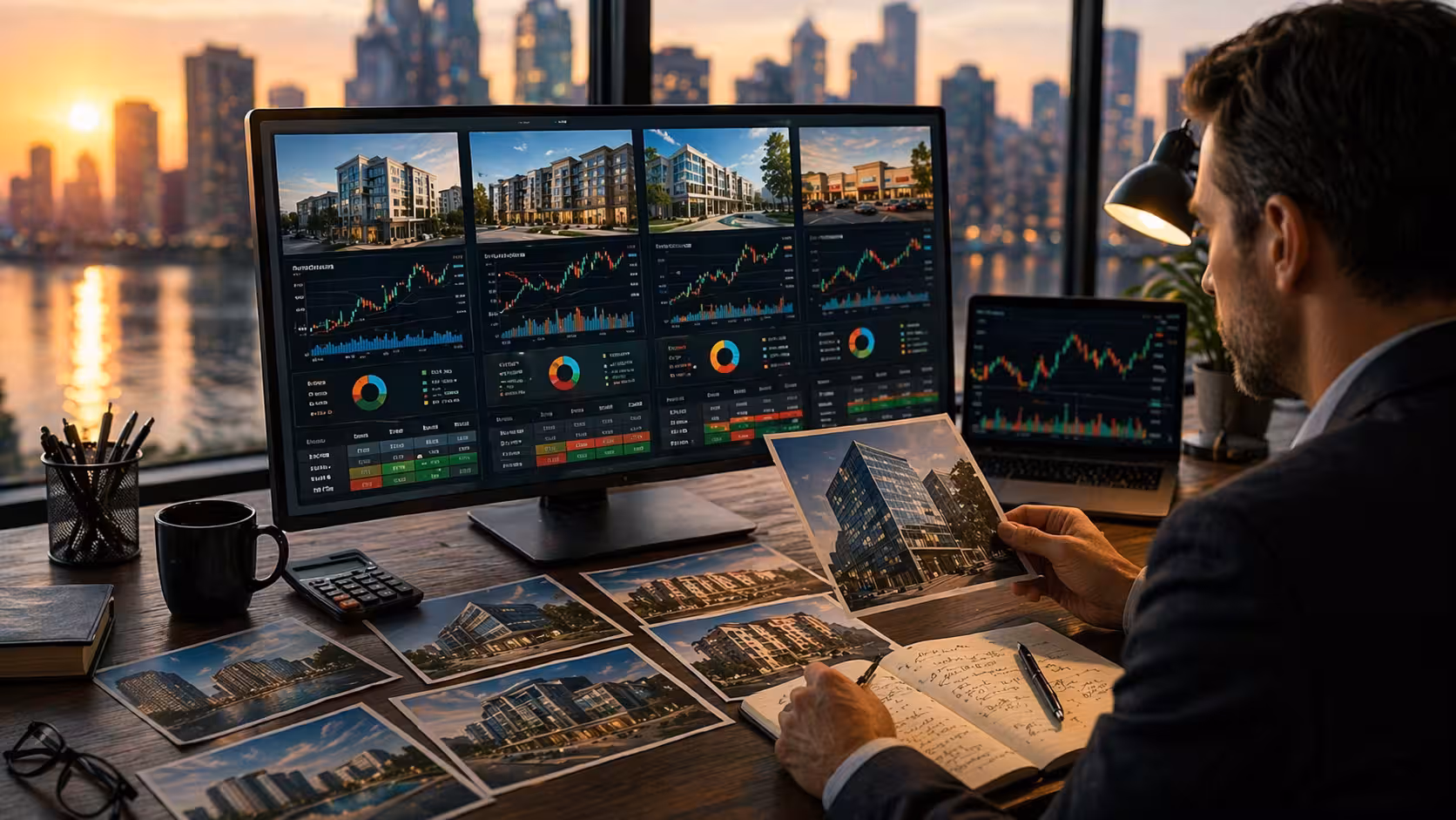 Investor comparing different real estate properties with financial charts and laptop analysis to choose the best REIT for options trading.
