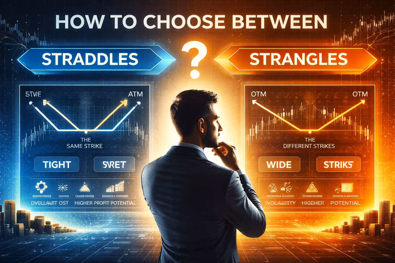 Comparison of straddles vs strangles options strategies showing payoff diagrams, ATM vs OTM strikes, and decision-making between trading approaches.
