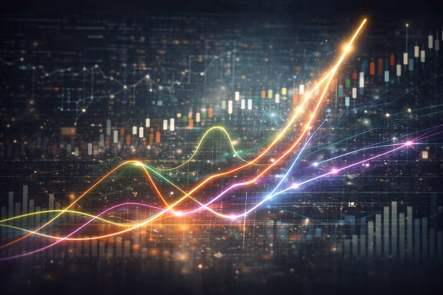 Multiple options payoff curves merging into a single optimized profit curve over a financial chart, representing combining trading strategies.