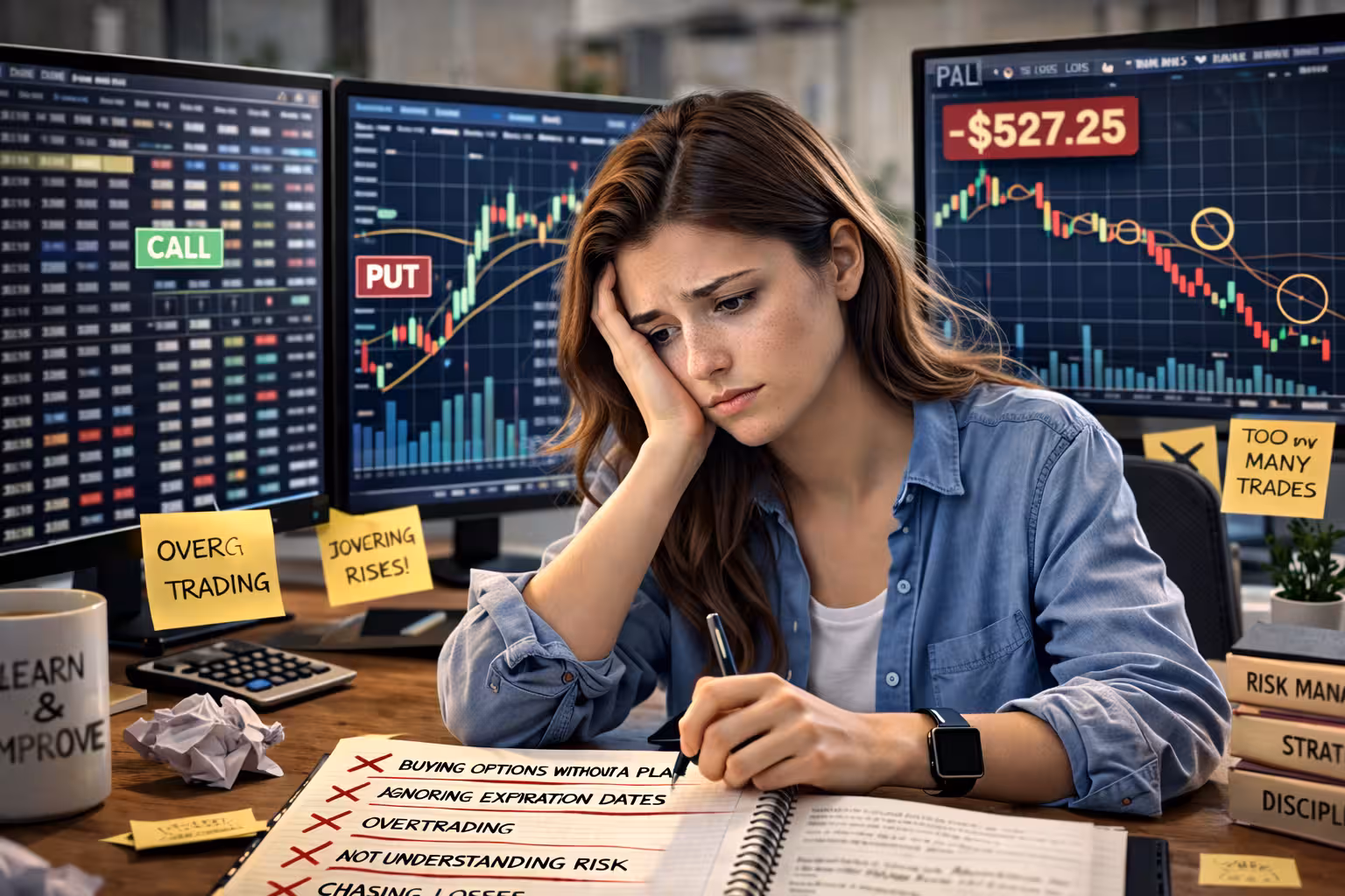 Beginner options trader making common mistakes with losing trade on screen and notes about overtrading and risk management.