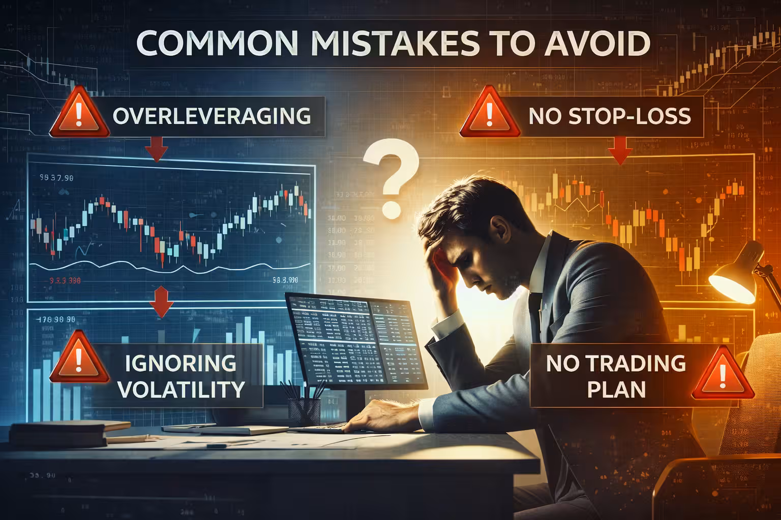 Options trader reviewing charts with warning signs highlighting common trading mistakes like overleveraging, poor risk management, and lack of strategy.