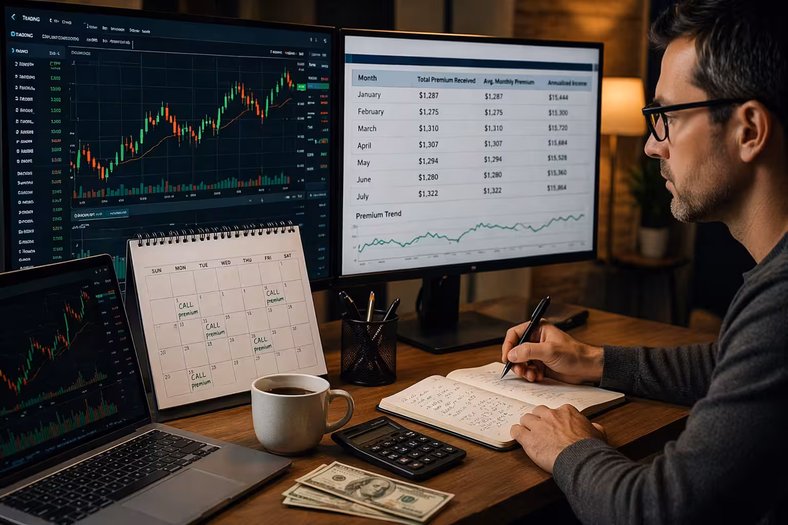 Trader tracking consistent monthly income from options trading using charts, calendar planning, and portfolio analysis.