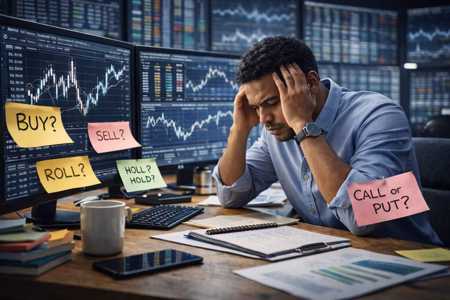 Decision fatigue in high volume options trading shown by trader reviewing multiple charts and struggling with buy sell and roll decisions.