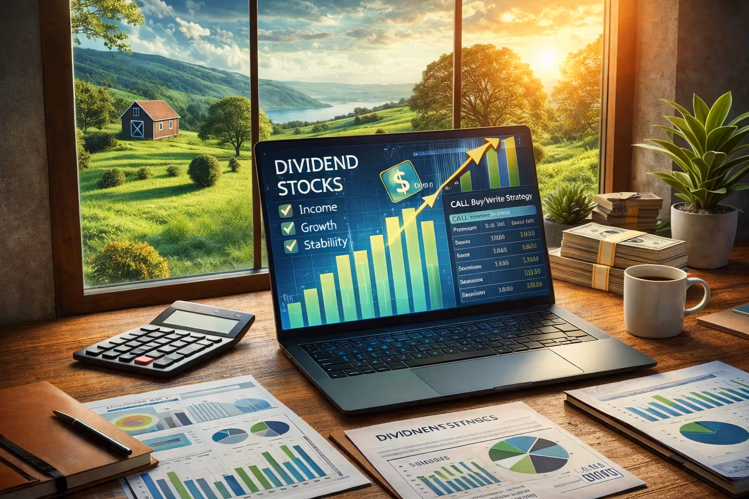 Increasing income with dividend stocks and options shown through rising portfolio charts and income focused trading setup.