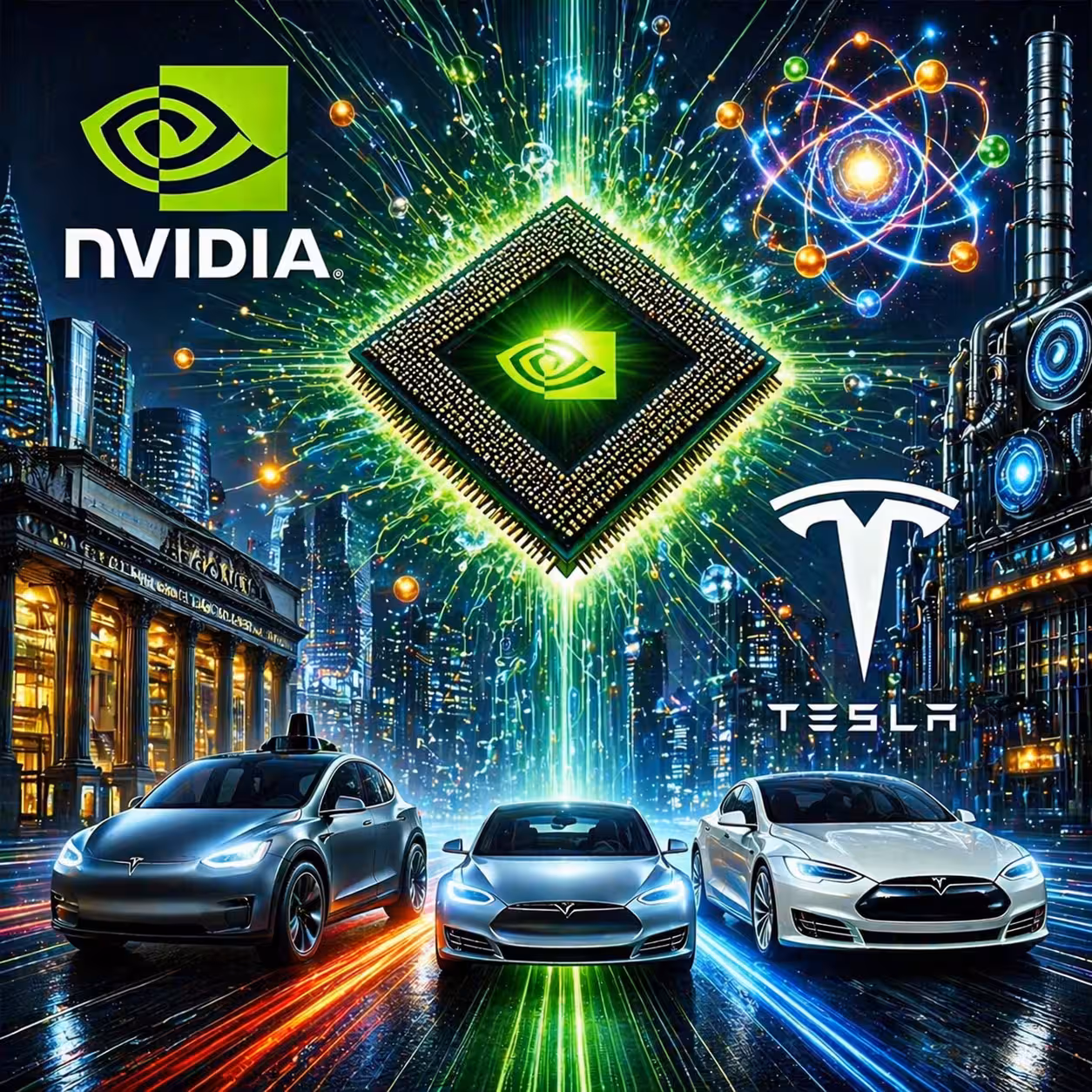Futuristic scene with glowing semiconductor chip, electric vehicles, and digital data visuals representing emerging technology sectors like AI and electric mobility.