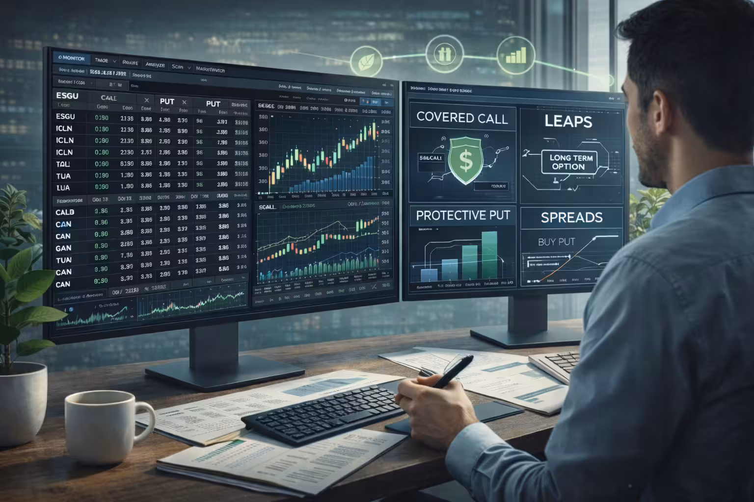 Trader analyzing ESG ETF options strategies on dual monitors showing options chain, charts, and covered call, protective put, LEAPS, and spreads strategies.
