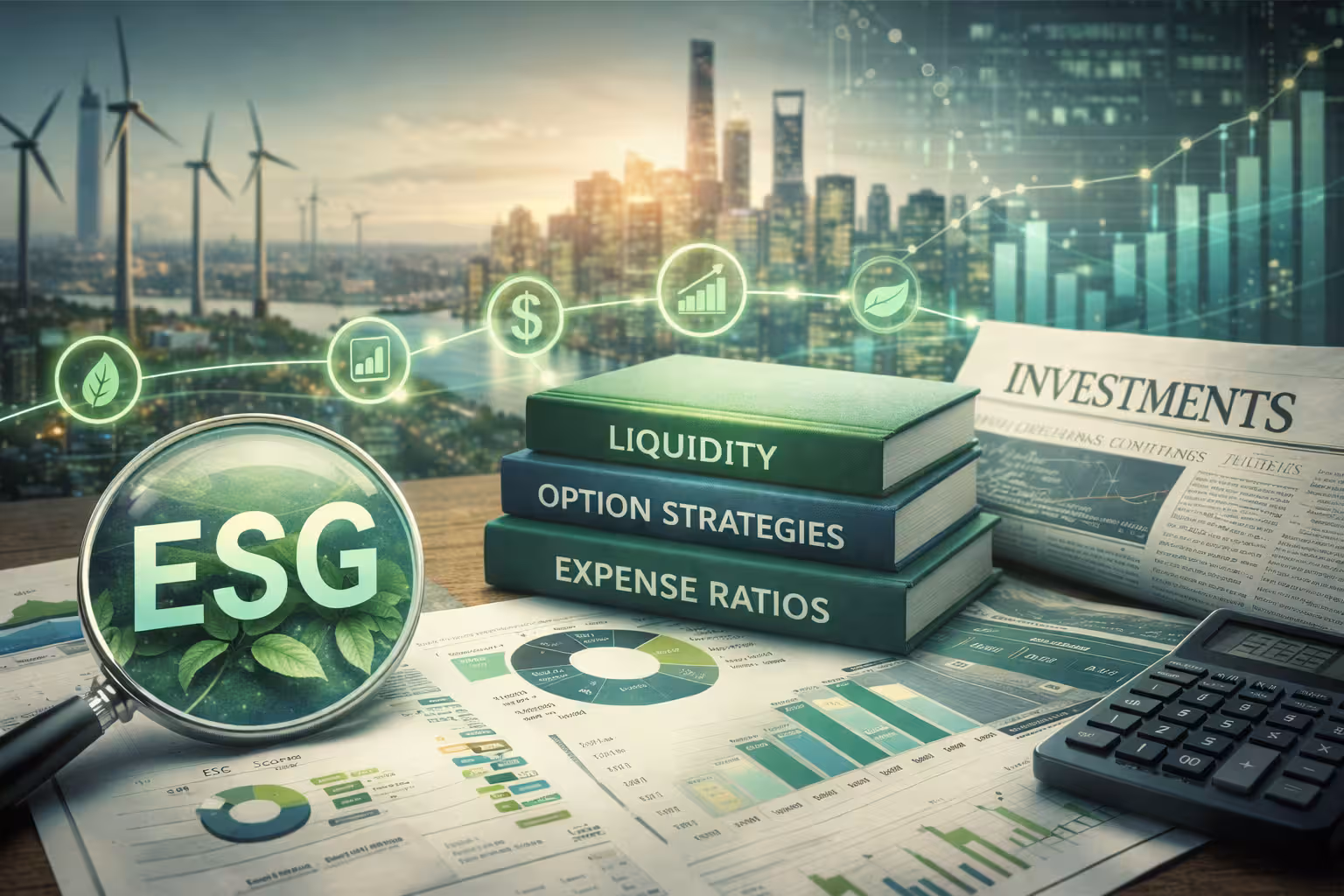 ESG ETF selection criteria for options trading showing liquidity, expense ratios, and financial analysis on a desk with charts and sustainable energy background.