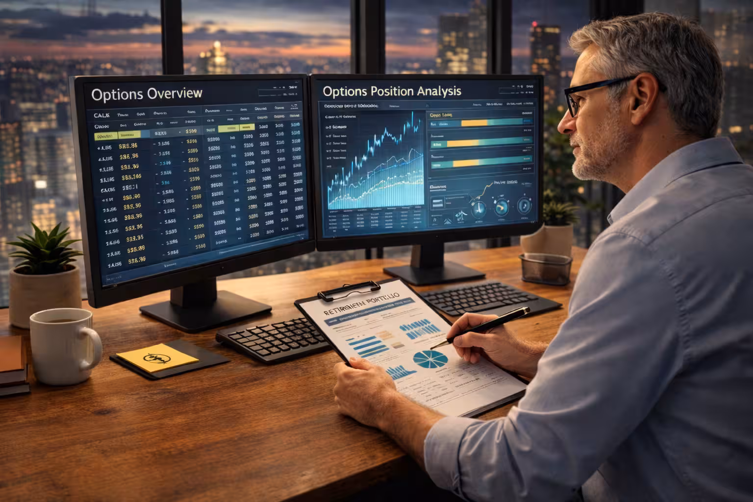Trader evaluating current options positions for retirement with portfolio analysis charts and financial reports on dual monitors.