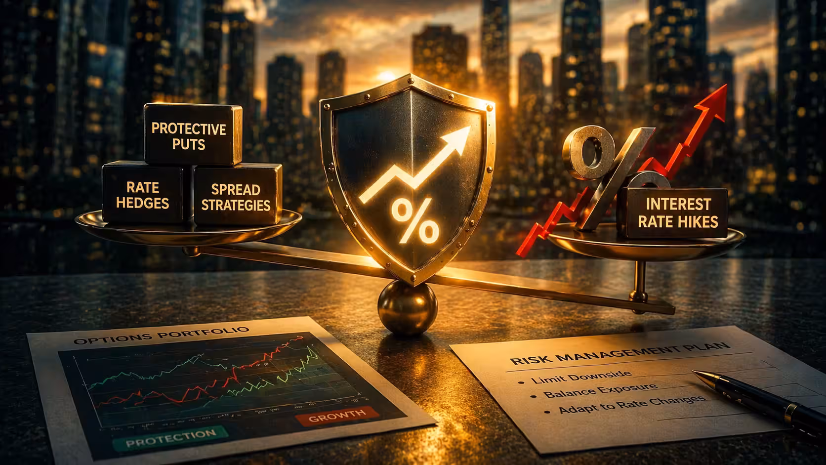 Balance scale with shield and rising interest rate symbol illustrating hedging strategies using options to manage rate hike risk
