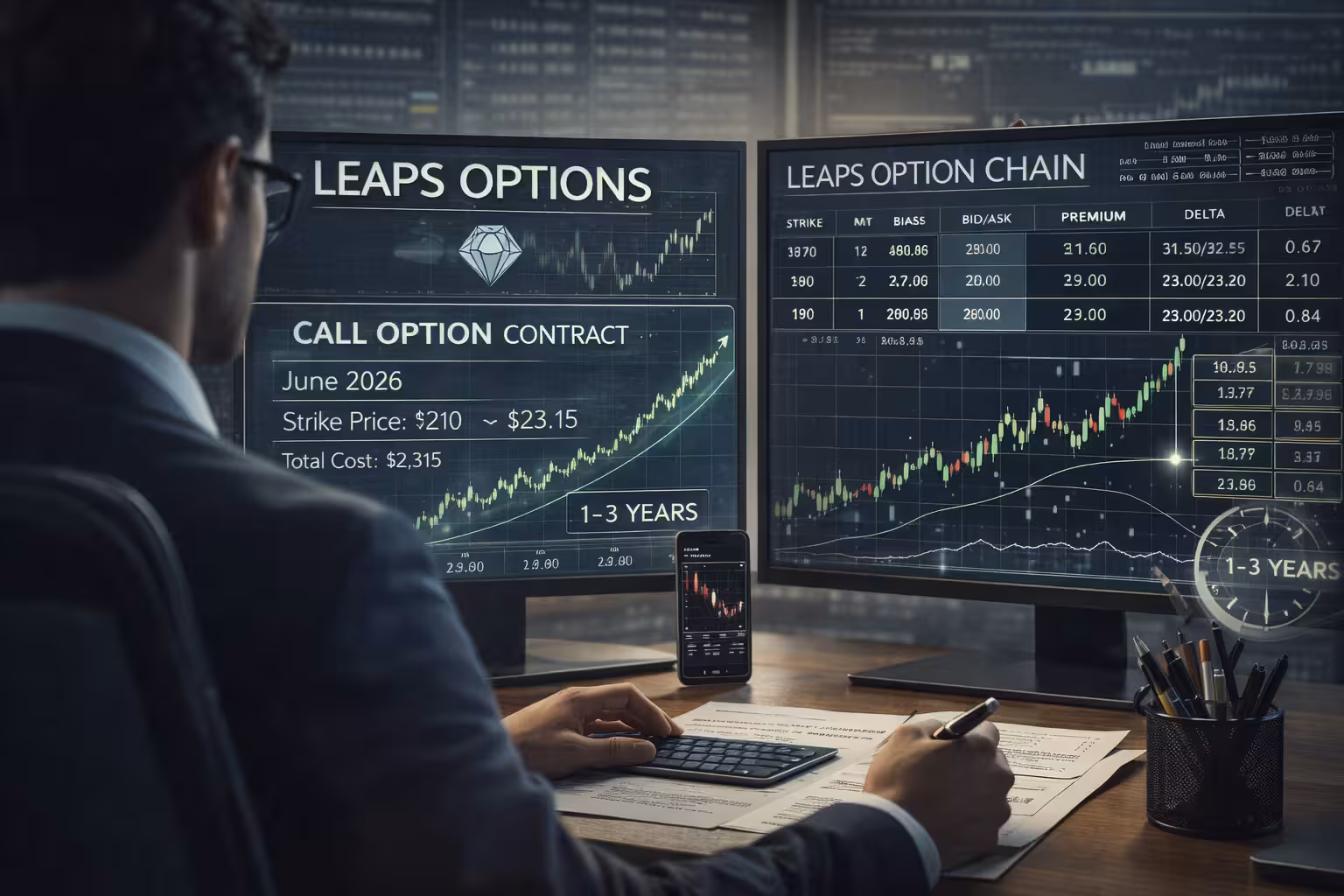 LEAPS options explained visually with call option contract details, option chain data, strike price, premium, and long-term expiration timeline.