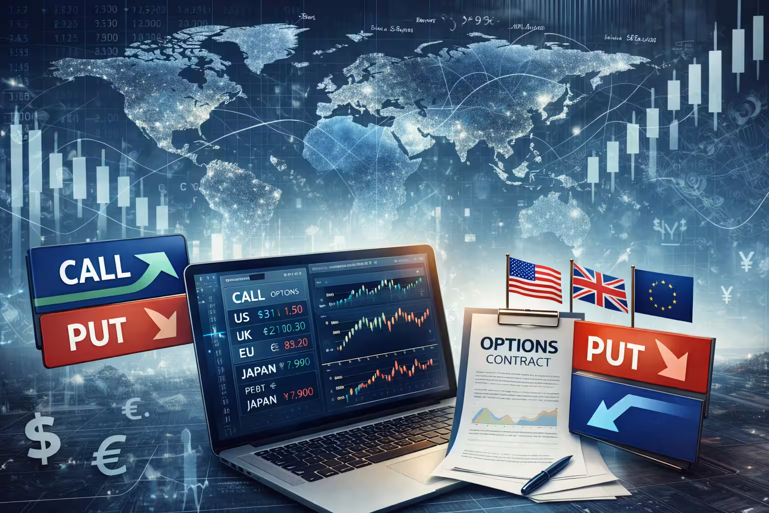 How options on international stocks work with call and put options, global markets, currency differences, and trading platform data across US, UK, EU, and Japan.