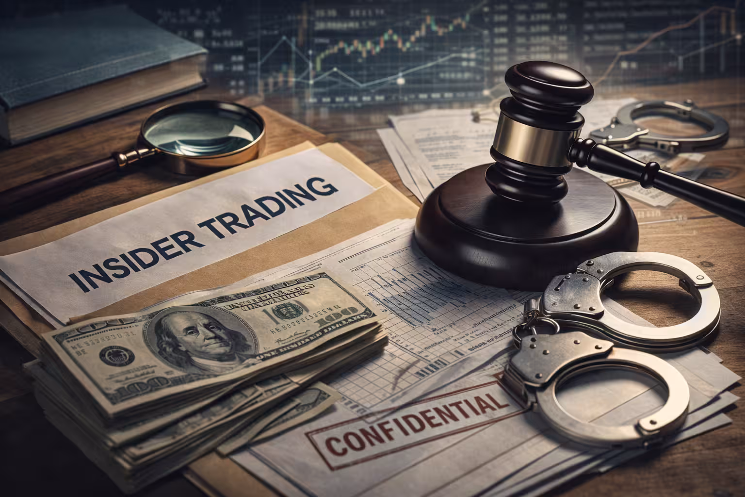 Financial crime scene illustrating insider trading consequences with legal gavel, evidence documents, cash profits, and stock trading data analysis.