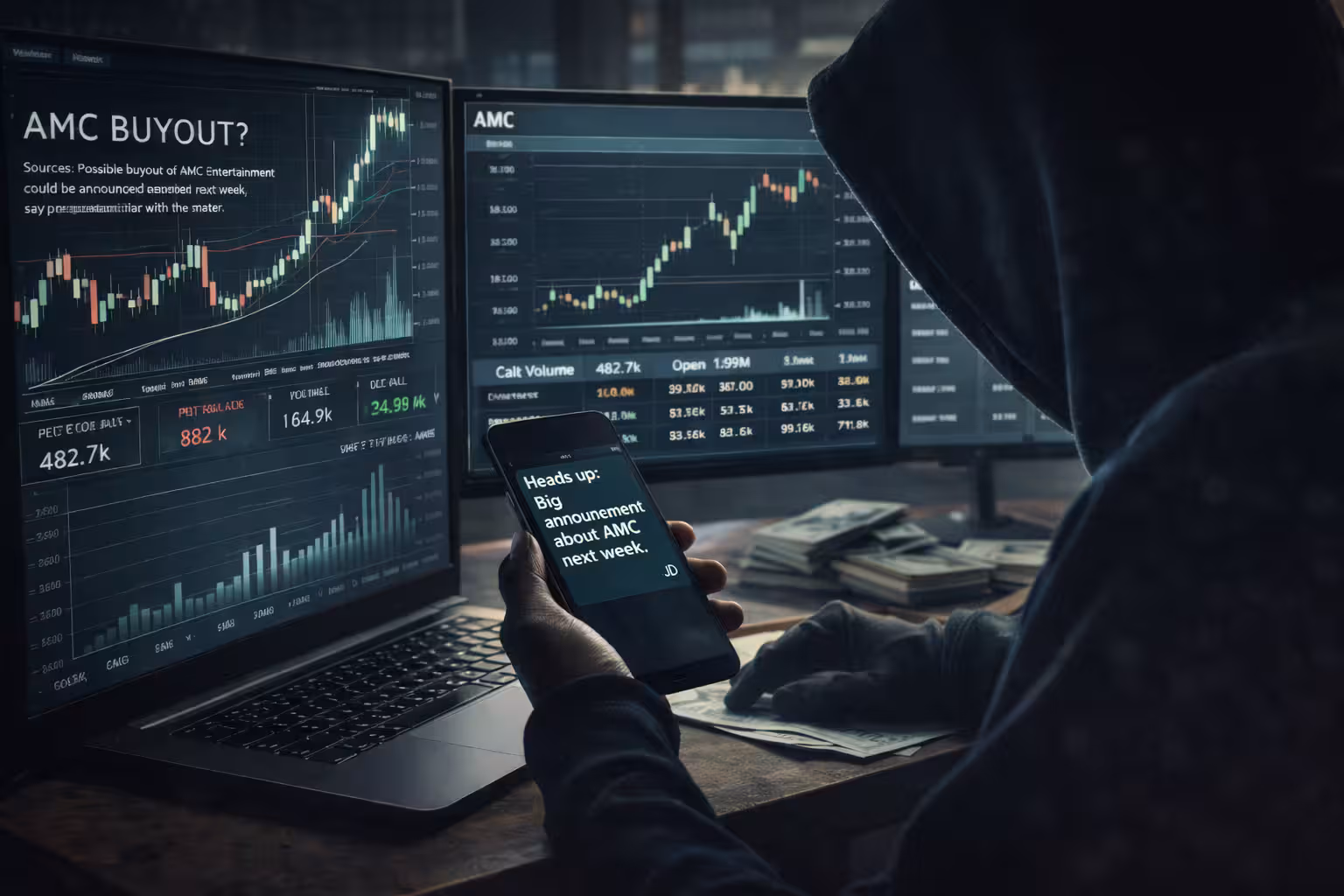 Options insider trading example showing trader reviewing non-public AMC news on smartphone alongside increasing call option activity and price movement.