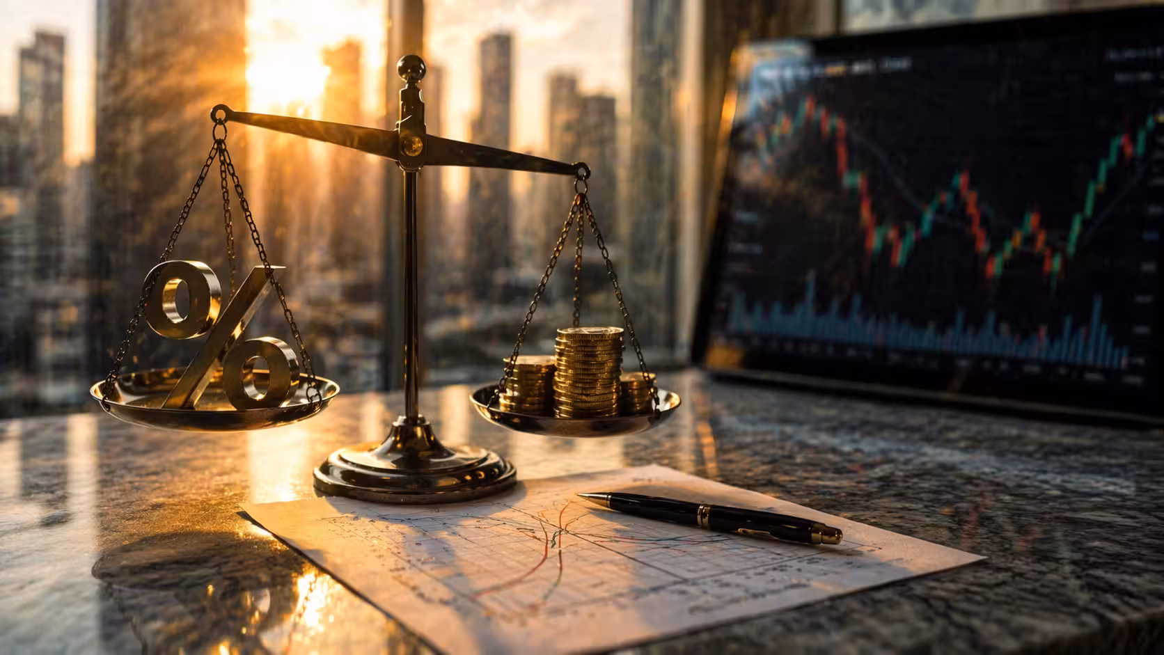 Balance scale with percentage symbol and stacked coins illustrating how interest rates impact options pricing and market value.