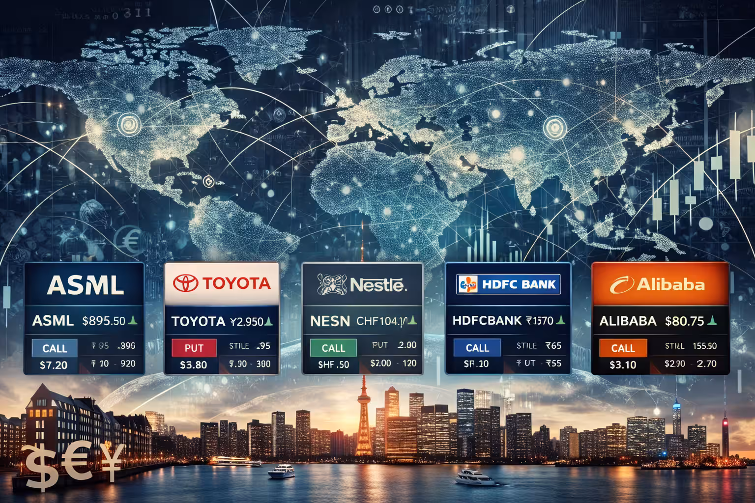Global options trading illustration featuring ASML, Toyota, Nestlé, HDFC Bank, and Alibaba with stock prices, call and put options, and international market connections.