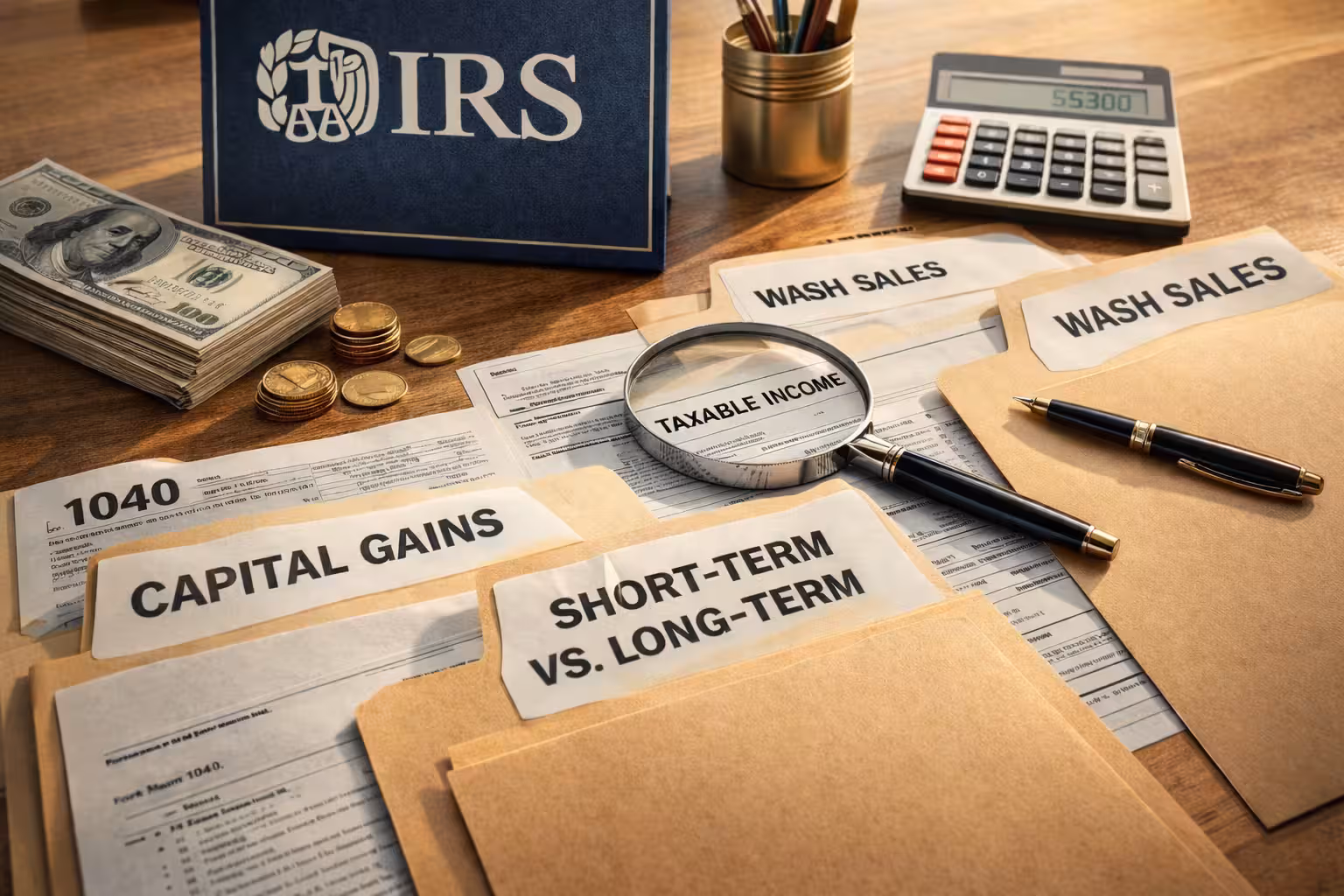 Tax documents and labeled folders for capital gains, wash sales, and short-term vs long-term income illustrating key IRS tax terms for options traders.