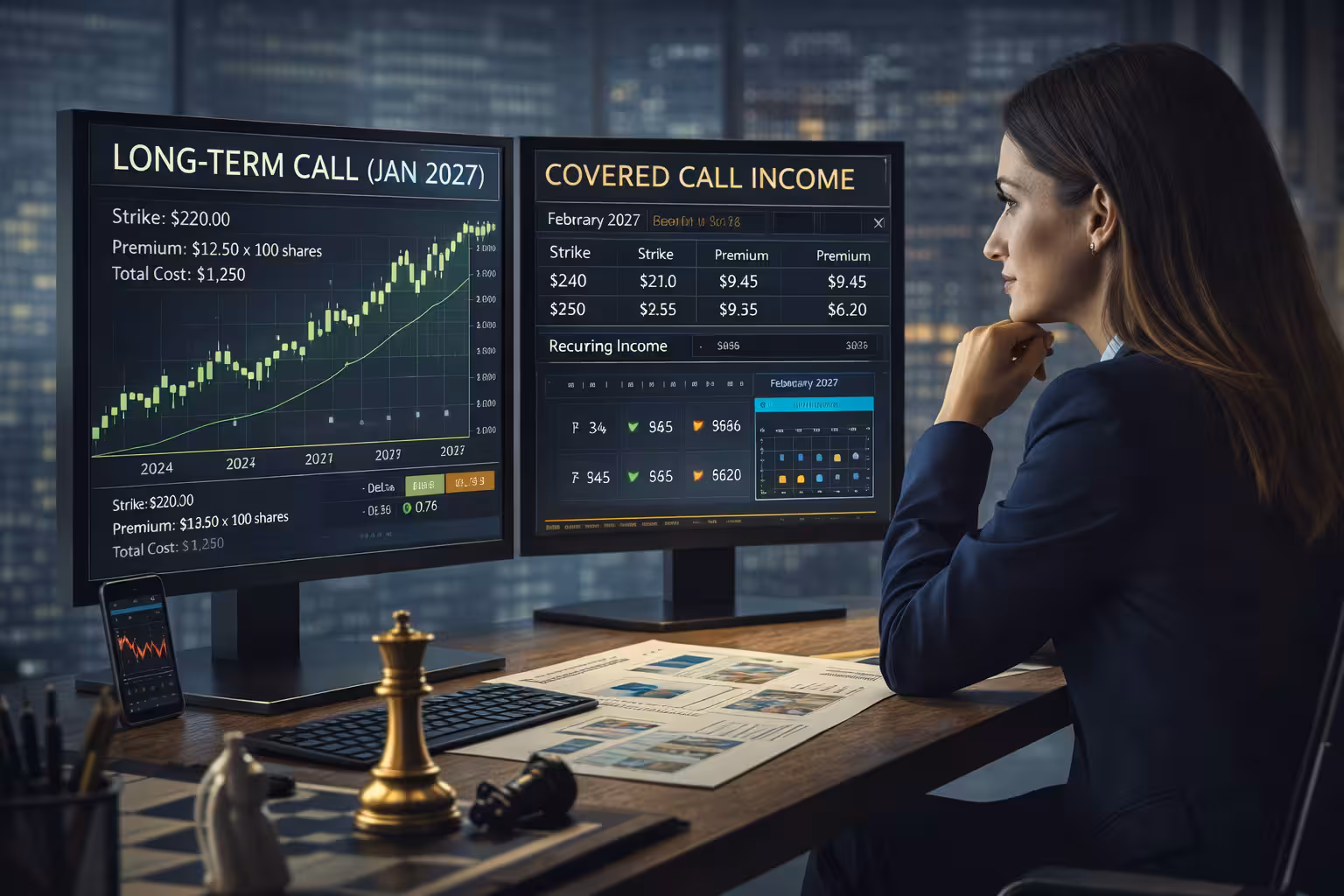 LEAPS options strategy visualization with long-term call option chart and covered call income table, highlighting strike prices, premiums, and multi-year expiration.
