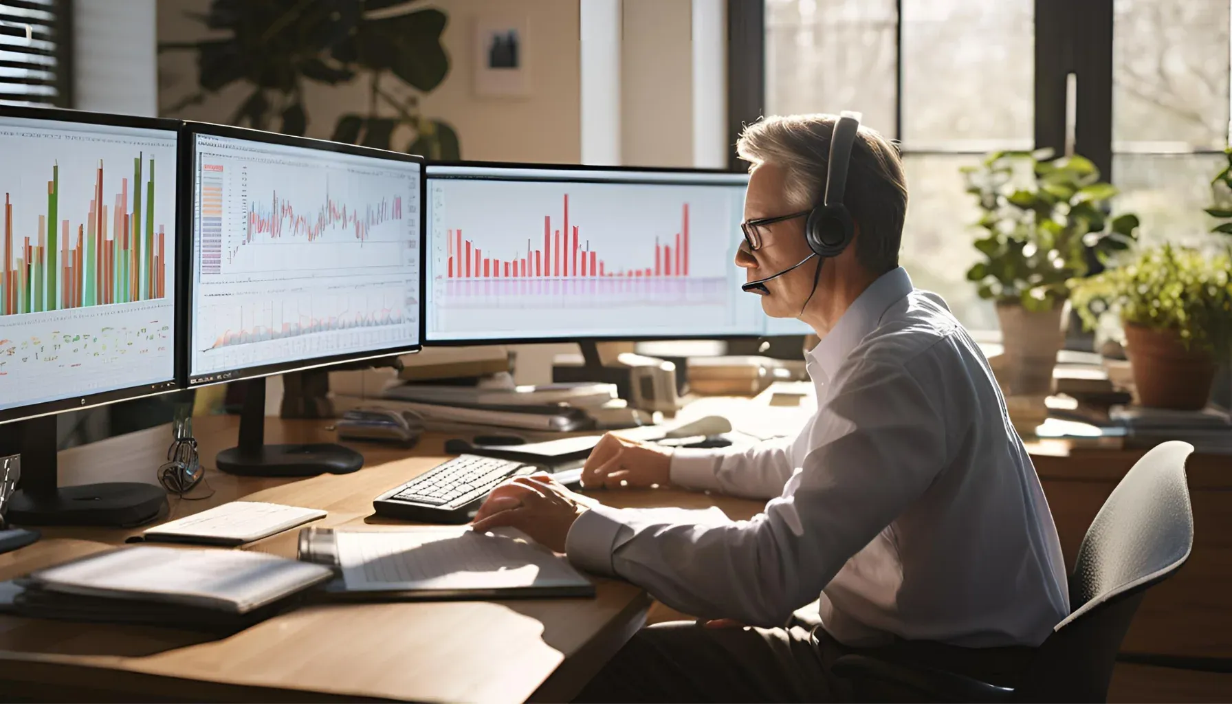 man sitting at desk with three computers with graphs