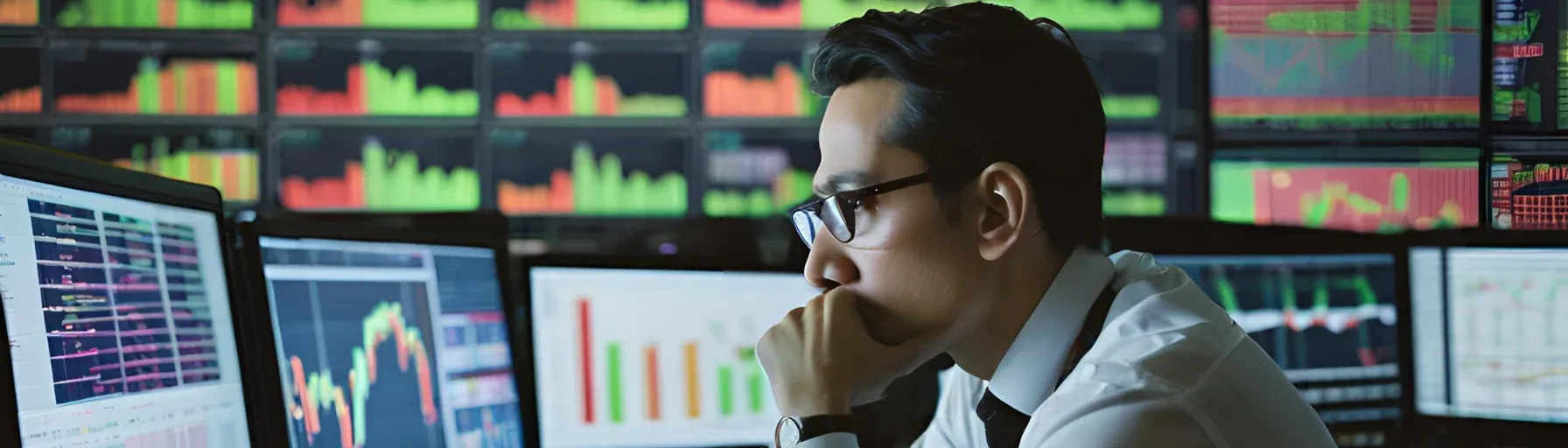 man with glasses looking at computer with options trading graphs