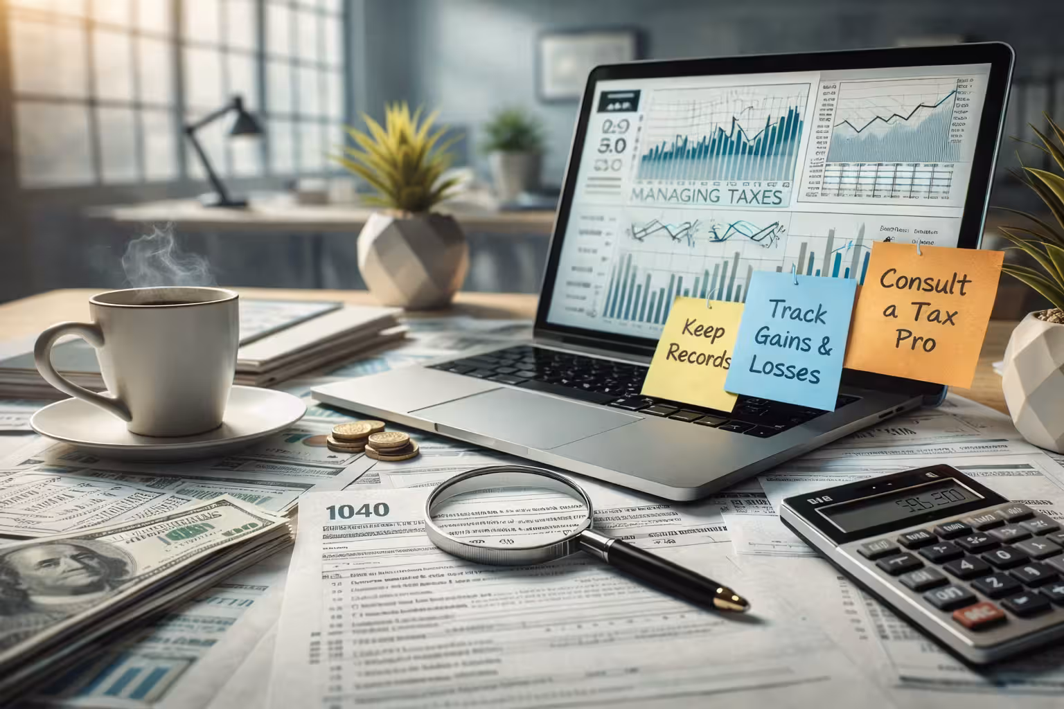 Workspace with laptop showing financial charts, tax documents, calculator, and notes illustrating tips for managing options trading taxes.