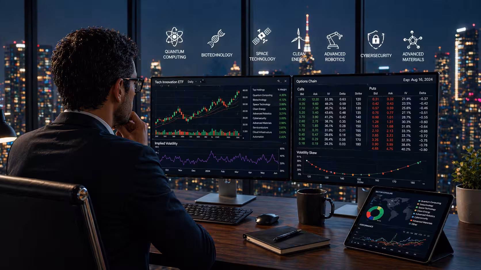 Trader analyzing options chain and volatility charts on dual monitors with subtle icons representing advanced technology sectors like quantum computing, biotech, and robotics.