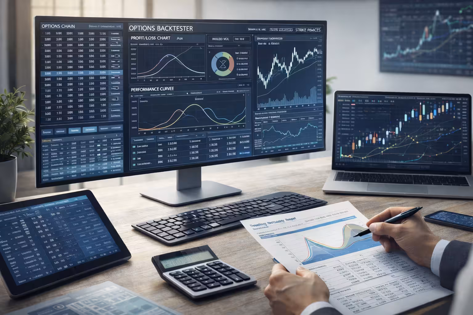 Options backtesting software dashboard showing profit loss chart, performance curves, and market data on a multi-screen trading workstation.