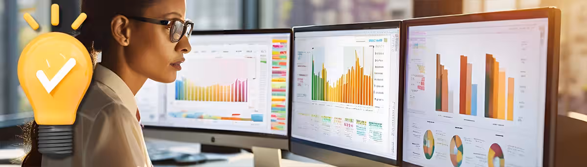 A focused woman analyzes data on three monitors displaying colorful bar and pie charts in an office. A light bulb icon symbolizes Tips.