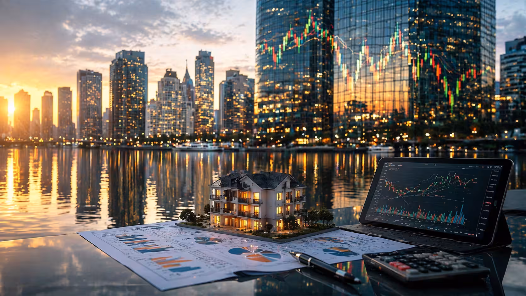 City skyline representing real estate market with financial charts overlay illustrating options trading on REITs.