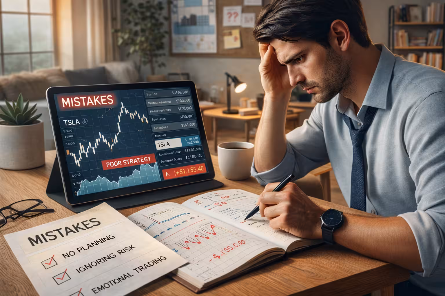 Options paper trading mistakes visualized with trader analyzing simulated trades, noting errors like no planning, ignoring risk, and emotional decisions.