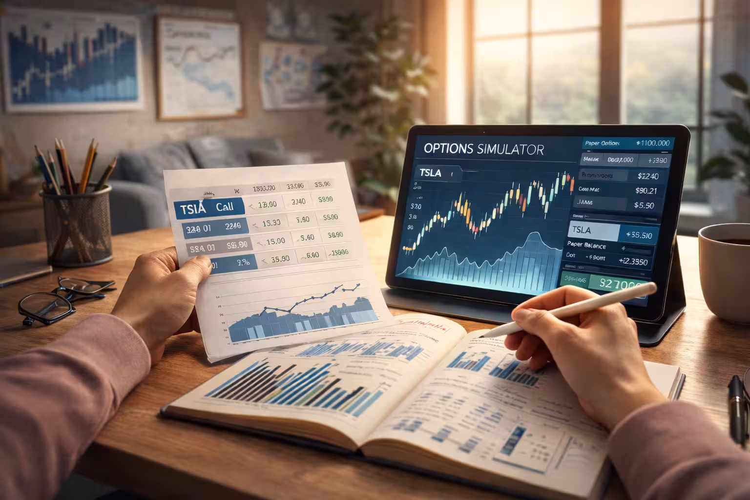 Options paper trading simulation showing TSLA call option, strike price, premium, and chart analysis while trader reviews strategy notes.