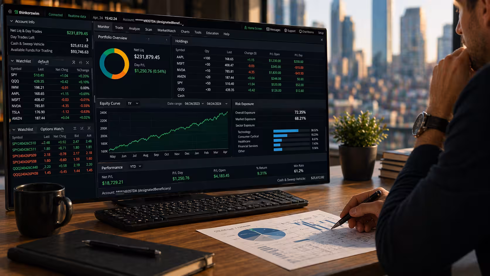 Trader analyzing a portfolio management dashboard with clear equity curve, holdings breakdown, and risk exposure on a professional trading platform
