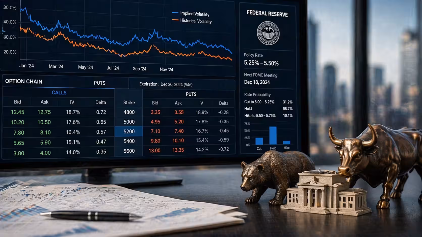 Trading screen displaying options chain and implied volatility charts alongside Federal Reserve interest rate data, illustrating the impact of Fed policy on options pricing.