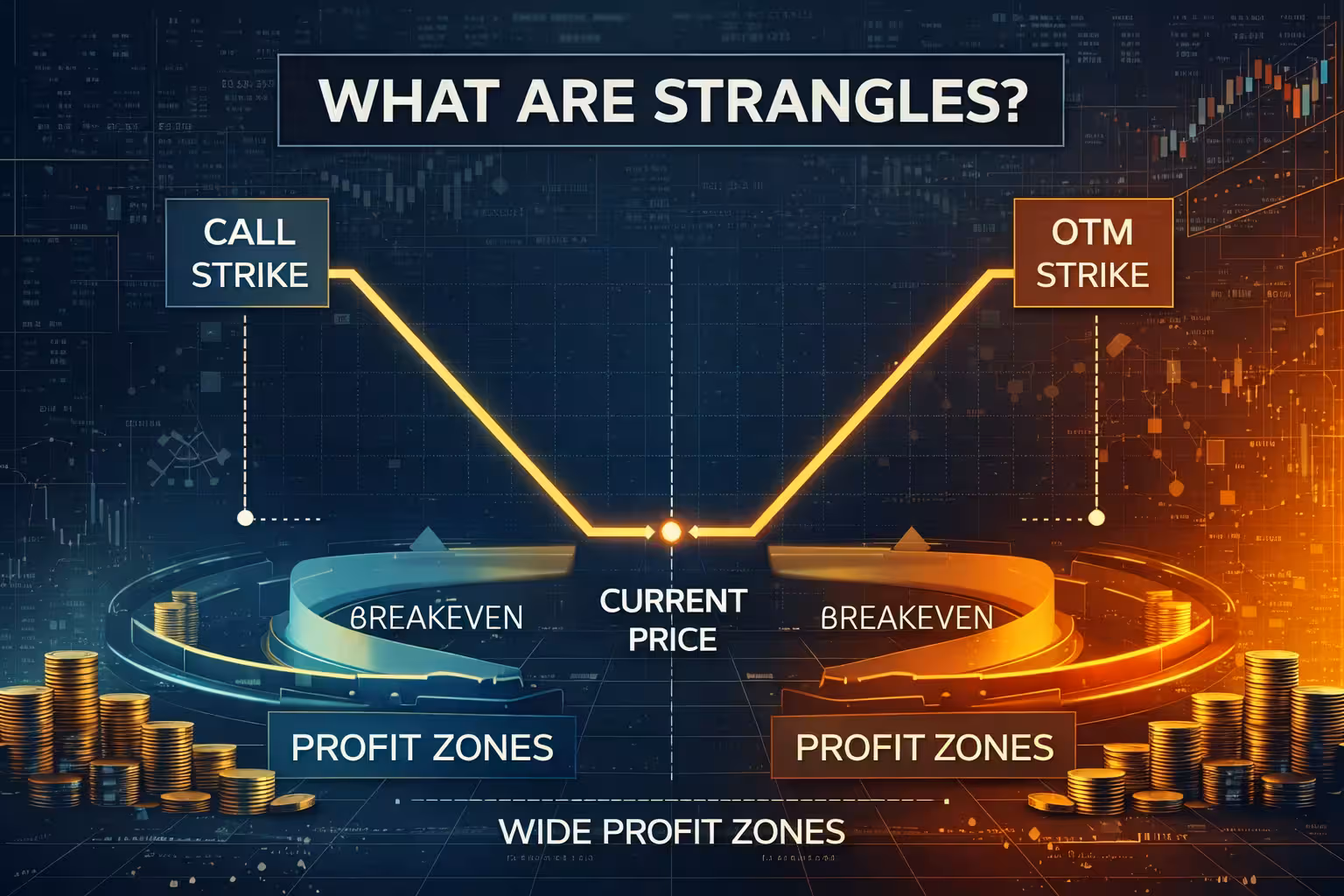 Options strangle strategy diagram showing out-of-the-money call and put positions with different strike prices and wide profit zones.