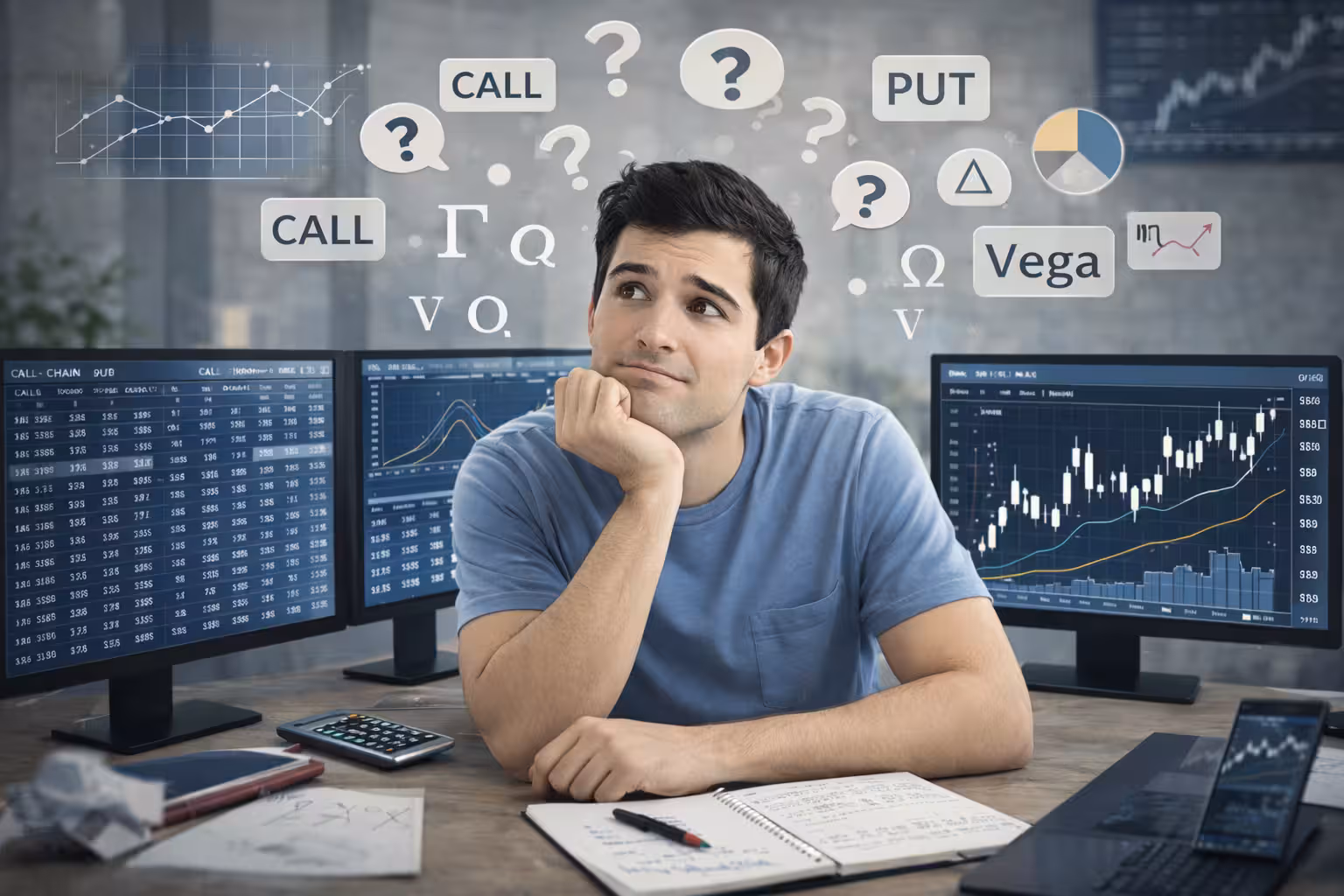 Beginner learning options trading with curiosity, reviewing charts and concepts like call, put, and vega on a trading desk.