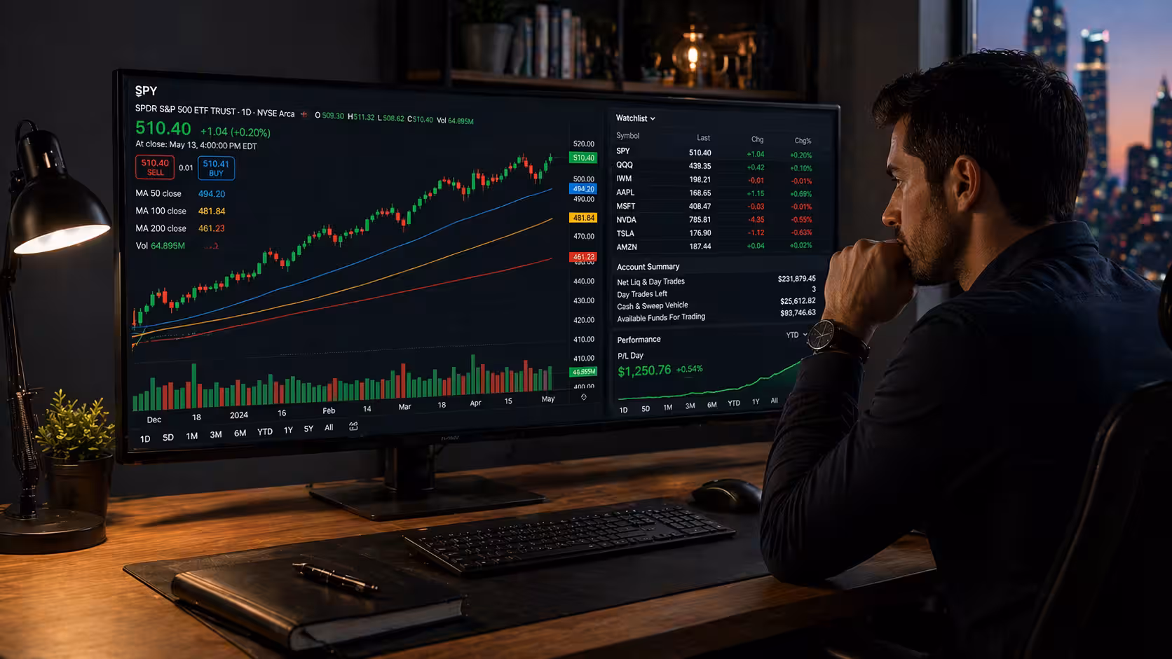 Disciplined options trader analyzing a clear, wide trading dashboard with readable charts, watchlist, and performance metrics on a single large monitor.