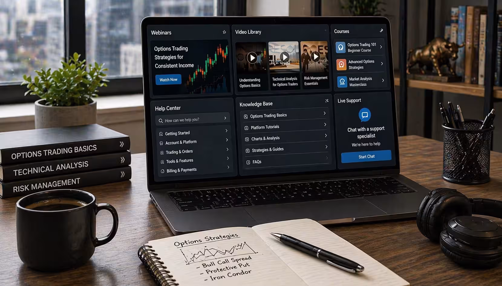Laptop displaying options trading educational resources, including webinars, courses, and help center, on a modern desk with notebook and coffee.