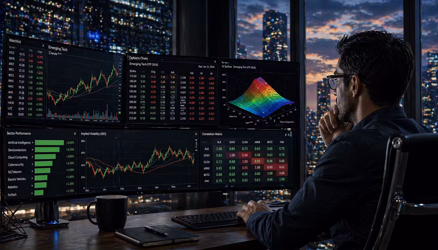 Trader analyzing emerging tech sector options data on multiple screens with stock charts, implied volatility, and options chain in a modern city office.
