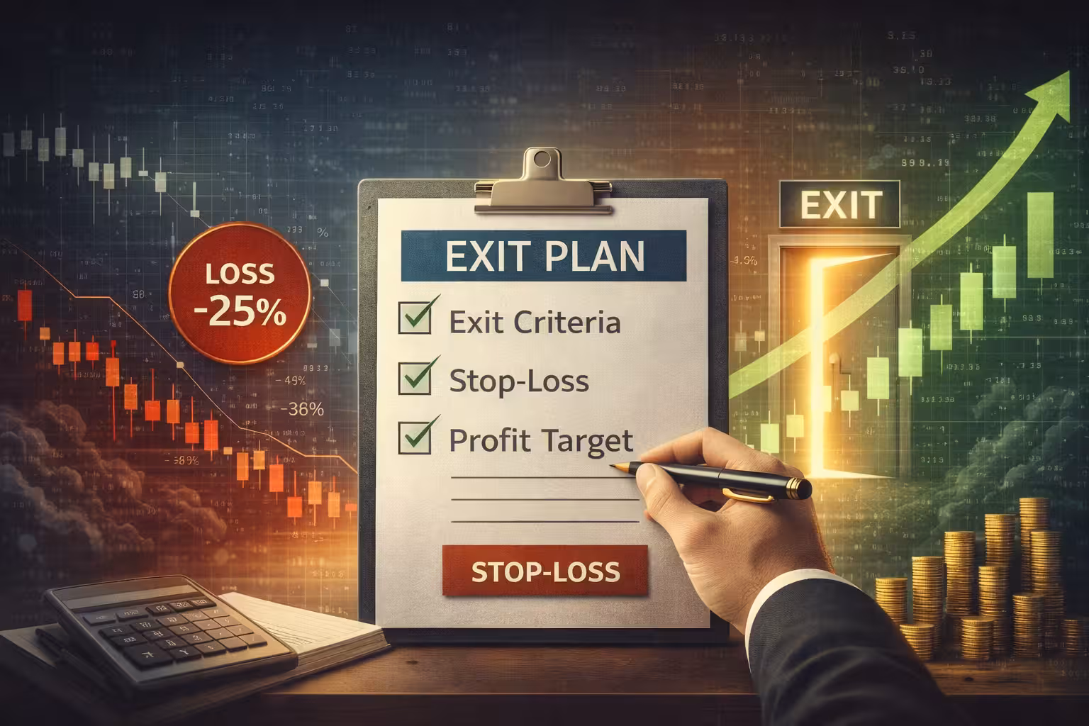 Options trading exit plan checklist with stop-loss, profit target, and exit criteria alongside market charts showing risk and recovery paths.
