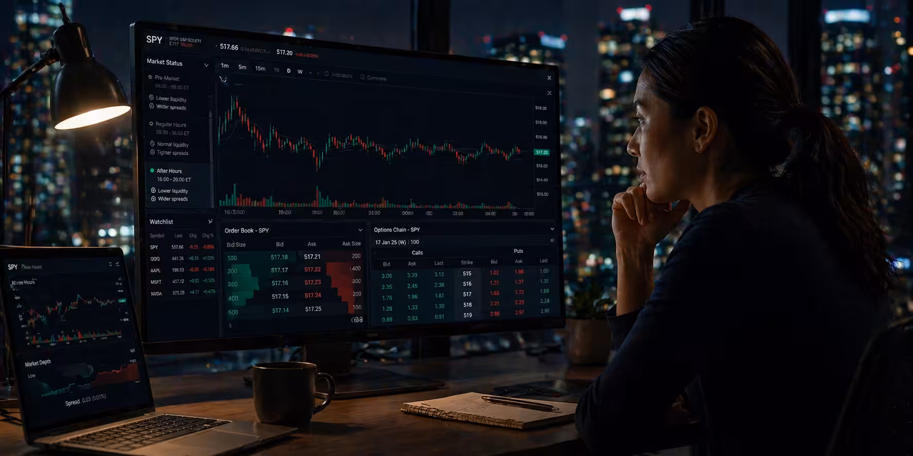 Female options trader analyzing extended-hours market data with lower liquidity and wider bid-ask spreads on a realistic trading platform at night.