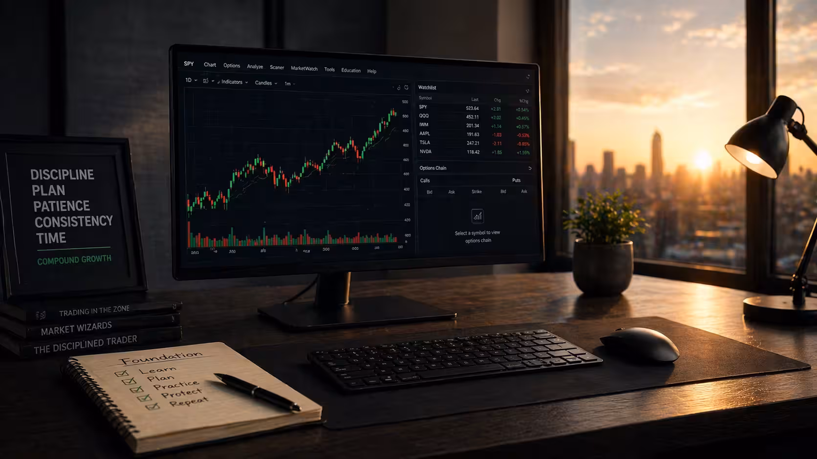 Minimalist trading desk at sunrise showing a clean options trading chart and simple setup, representing the disciplined foundation of a trading strategy.