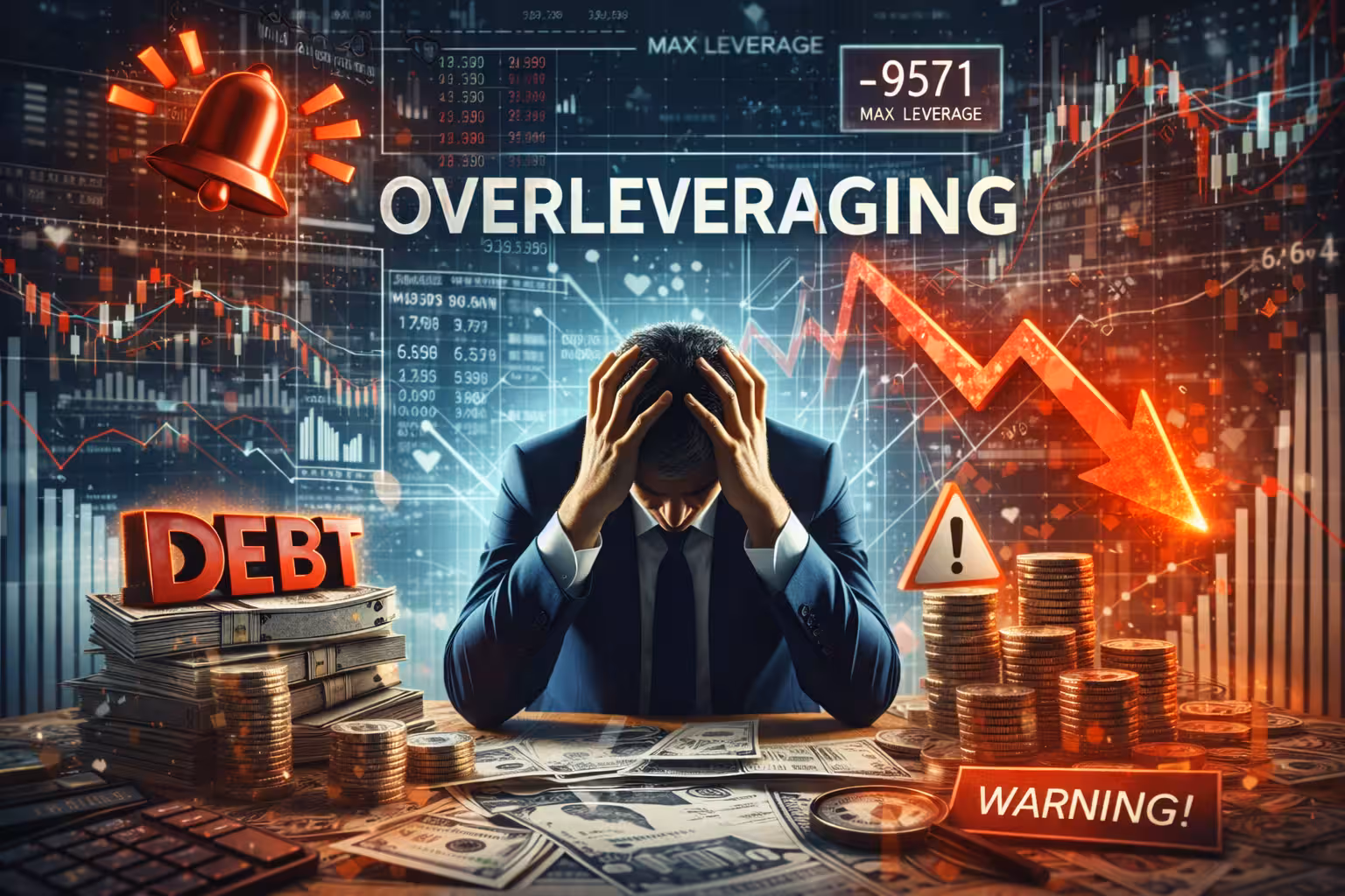 Illustration of an options trader stressed by multiple market charts, debt indicators, and a falling price graph representing the dangers of overleveraging trades.