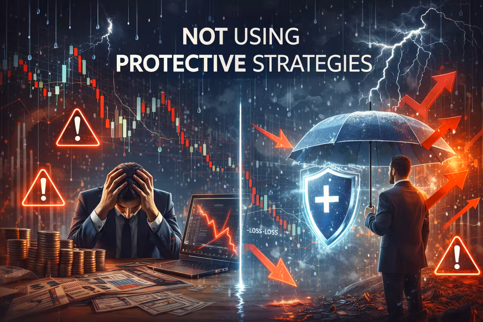Options trader protected by umbrella and shield during market decline illustrating the importance of protective strategies in options trading.
