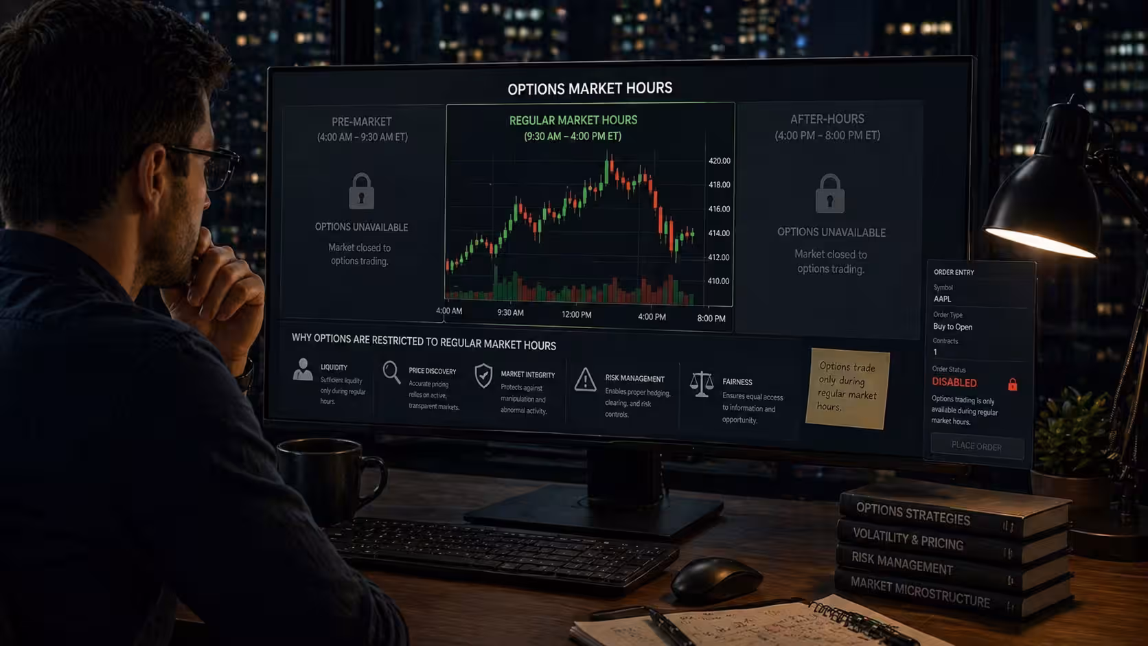 Options trading platform showing regular market hours active with charts, while pre-market and after-hours sections are locked and grayed out with disabled order entry.
