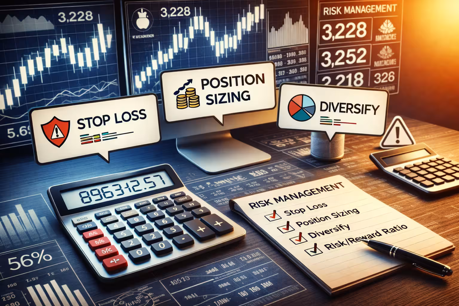 Options trading risk management setup showing stop loss, position sizing, diversification, and risk-reward ratio with calculator and trading charts.