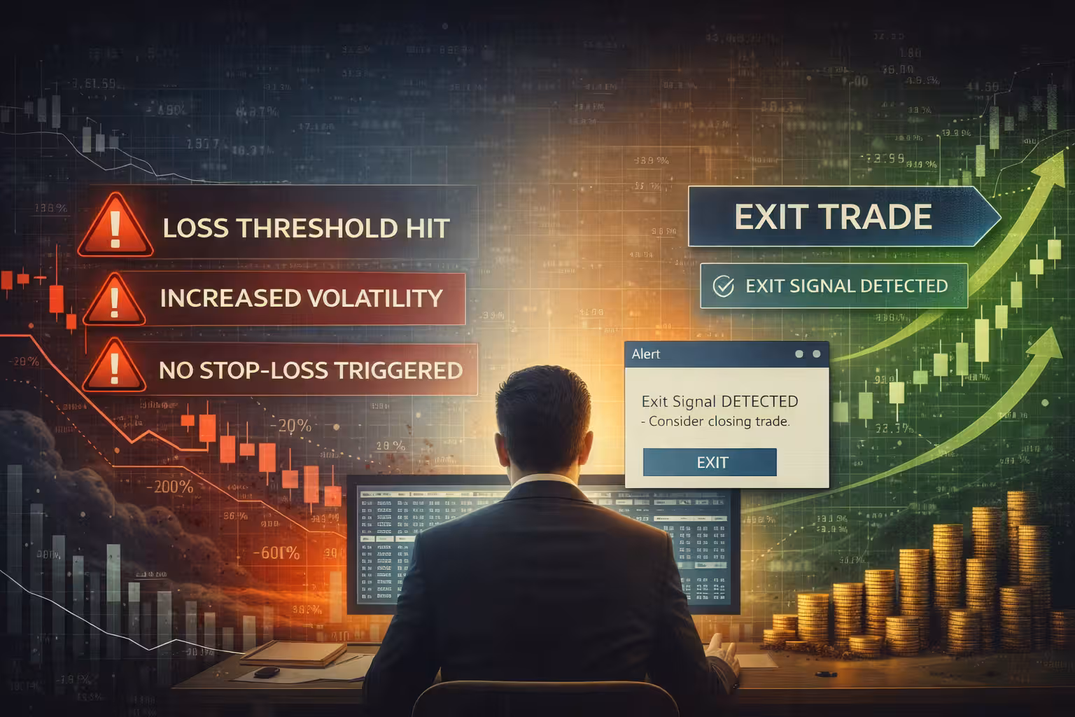 Options trader analyzing warning signals like loss threshold, increased volatility, and no stop-loss before deciding to exit a risky trade.