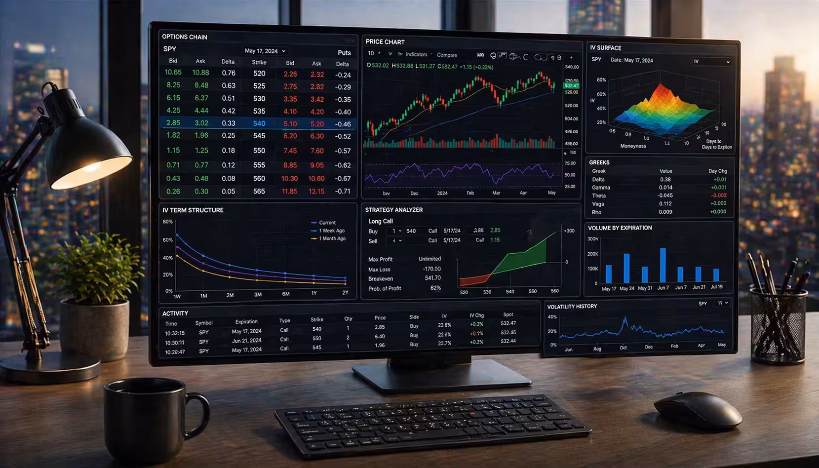 Professional trading workstation displaying advanced options trading tools including options chain, price chart, implied volatility surface, and strategy analysis on a widescreen monitor.