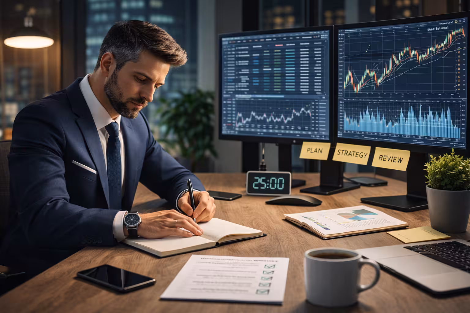 Professional options trader managing decision fatigue with a structured workflow including chart analysis, checklist, and disciplined trading process.