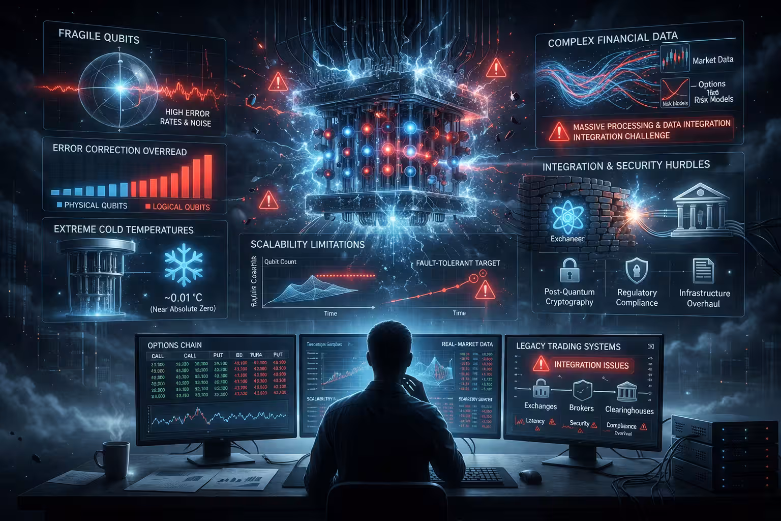 Challenges of quantum computing in trading including error correction, hardware limitations, data complexity, and integration with financial systems.